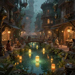 fantasy steampunk dhaka sadarghat, old dhaka, busy life, greg rutkowski craig mullins ross tran mucha cozy zen garden glowing water levitating lanterns lumen reflections matte painting concept art clear focus fantasy specular lighting global illumination trending on artstation