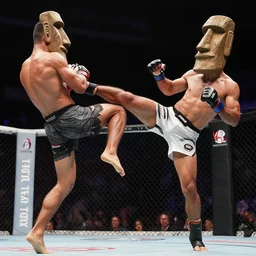 mma fighters with moai statue heads kicking each other, mma fight ring photo
