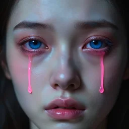 close up on deep blue eyes crying, a very pale skinned girl, neon pink tears, dramatic lighting, highly detailed, intricate, sharp focus, subsurface scattering, art by caravaggio, greg rutkowski, thomas kindkade, ruan jia, norman rockwell, tom bagshaw.