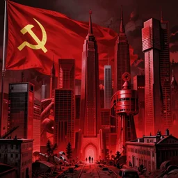 only with red, soviet communism horror city apocalyptic atmosphere with soviet flag, in the style of beksinski, by edward hopper and rodcenko and yue minjun and cory loftis, intricate and epic composition, red by caravaggio, highly detailed, masterpiece, red light, artstation, art nouveau