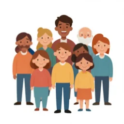 team of 8 happy people, pictogram, white background