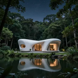 atmospheric cozy futuristic organic white concrete house in the middle of a lush and dense forest at night, a beautiful lake next to it, night time, night sky, starry night sky