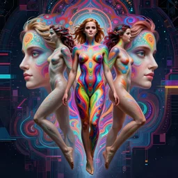 full body Emma Watson by Jean-Baptiste Carpeaux and Luo Li Rong and Michael James Talbot as celestial goddess, all body, floating in space. perfect symmetrical face, colorful, psychedelic psychedelic psychedelic colors, fractals, fresh rainbow bodypainting, synthwave, in full growth, elegant, realistic, 8K, female full-skin figure, hyperrealism, subsurface scattering, raytracing, rim light, Octane Render, Redshift, Zbrush, H R Giger, Zdzisław Beksiński, complex psychedelic glitch background