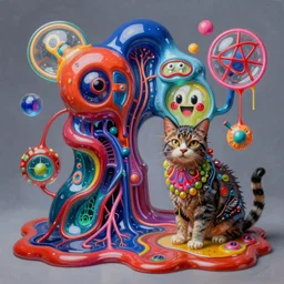 an extremely high quality hd surrealism painting of a 3 d perspective neon complimentary - colors cartoon surrealism melting sculpture gallery cast glass biological anatomical zaha hadid cat by a much more skilled version of kandinskypicasso and salvia dali the fourth, salvador dali's much much much much more talented painter cousin, 8 k, ultra realistic, very realistic, nerves, veins, neurons, 4 k
