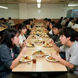 a hyper realistic photograph of students fighting with food in the canteen by banksy, trending on artstation, 5 0 mm, cobra flash lighting,