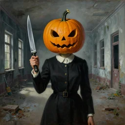 a magic surrealism painting of a pumpkin head woman holding a knife 🔪 stands in an abandoned asylum, beksinski, dariusz zawadzki