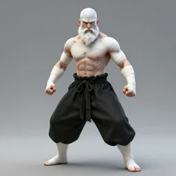 Full body Picture of a male monk, fighter, exposed torso, bandage on arms, muscles, baggy black pants, symmetry, white skin, bald, white long beard, brown eyes, detailed face, combat stance, handsome, D&D, by artgerm and Craig Mullins, James Jean, Andrey Ryabovichev, Mark Simonetti and Peter Morbacher, matte painting, trending on artstation, artstationHD, artstationHQ, octane, full HD, 16K