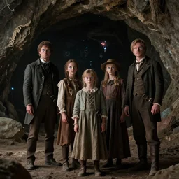 sharp, highly detailed, film from a 2 0 1 9 sci fi 8 k movie, set in 1 8 6 0, family standing outside a cave on a strange alien planet, wearing 1 8 5 0 s era clothes, atmospheric lighting, in focus, reflective eyes, 3 5 mm macro lens, live action, nice composition