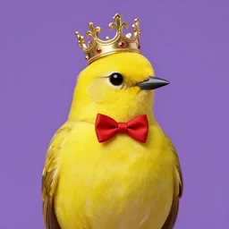 an elegant yellow bird wearing a crown and a red bow tie, purple background, very beautiful, artstation, high quality, sharp, by greg rutkowski, by artgerm, by alphonse mucha