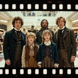 sharp, detailed, 9126k film, 7000mm film, high quality frame scan from a sci fi blockbuster color movie made in 2019, a family of four time travelers from 1860 travel in time to 2019, appearing in a shopping mall, looking surprised, the family are all wearing 1860s era clothes, good lighting, in focus, cinematic still, high quality scan, in focus, 35mm macro lens