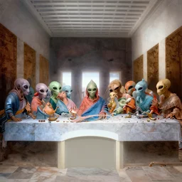 !13 diverse aliens on !one_side of a !marble table, !positioned as !last_supper cinematic lighting, !satin, !crystal, liquid, surreal, floating, !!highly detalied, 4k, artstation, by Rolf Armstrong