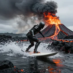 person in armor surfing down a river of lava on the side of a volcano on surfboard, action shot, dystopian, thick black smoke and fire, motion blur, sharp focus, cinematic, closeup
