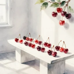 watercolor painting of hundreds cherries, bright, white table, white walls