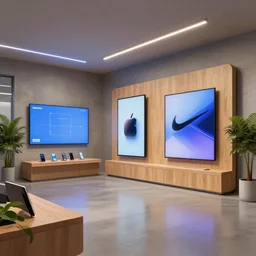 2 0 3 0 s flagship retail interior. experience. telco digital screens phones. wood, polished concrete, neon, ceiling spots. plants. samsung microsoft apple nike adidas tesla muted colors!!!!! ( ( ( ( ( ( ( ( ( ( ( digital painting by shaun tan ) ) ) ) ) ) ) ) ) ) )