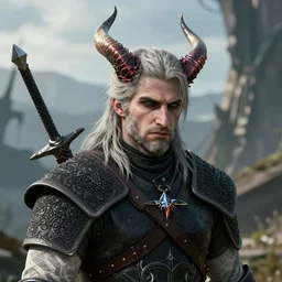 geralt the witcher 3 with demon horns, photorealistic, realistic