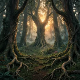 an enchanted forest with intricate roots by mœbius and akihiko yoshida, 4 k wallpaper, highly detailed, sunset, mist, cinematic shot