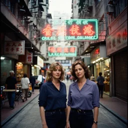 35mm Film photography original from 1988 by Annie Leibovitz and Ansel Adams of an alleyway lined with shops in Hong Kong with bright neon signs