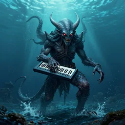 cthulhu monster rising from the ocean with a synthesizer under its arm