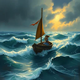 girl and boy sailing on a little boat on a stormy ocean in a fantasy world, painted by sylvain sarrailh, rhads, ferdinand knab, trending on artstation