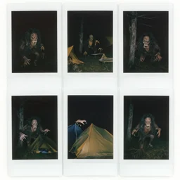 night time picture of nightmare monster with lots of teeth and hair, monster attacking campers, polaroid photos, old photos, strange creatures hiding in the woods, no sun