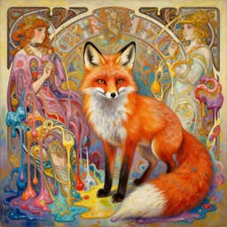 an hiper intricate oil painting of a beautifull fox surounded by melting colorfull wax drips, colorfull, excelent composition, wide shot, by yoshitaka amano, by greg rutkowski, by alphonse mucha by jeremyg lipkinng, by rhads, by ross tran, artstation, octane render