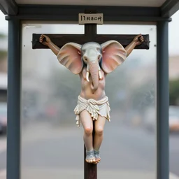 a perfect technicolor photograph of a part man part elephant crucified to a bus shelter, after a skin porcelain transplant, he is a sculpture of himself. bursting with radiant astral light. there is a photographer taking close up pictures of his neck.