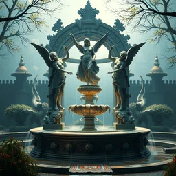 a statue of three nymphs circling a fountain, beautiful atmosphere, by stephen bliss, unreal engine, fantasy art by greg rutkowski, loish, rhads, ferdinand knab, makoto shinkai and lois van baarle, ilya kuvshinov, rossdraws, tom bagshaw, global illumination, detailed and intricate environment