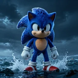 wild ocean storm at night, a giant Sonic the Hedgehog emerging from water, dramatic lighting, cinematic, establishing shot, extremly high detail, foto realistic, cinematic lighting, post processed, concept art, artstation, matte painting, style by eddie mendoza, raphael lacoste, alex ross