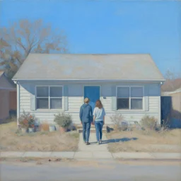 couple outside of a small suburban house, dusty blue. beautiful painting by artgerm and greg rutkowski