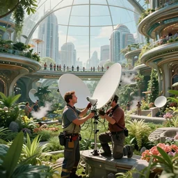 movie still frame, maintenance crew fixing an antena, in a luxurious futuristic city glass dome inside a harmonious garden, bridges with tourists, beautiful composition, sunny, steam, 8 k, cgi, by ridley scott, james cameron, zack snyder and michael bay
