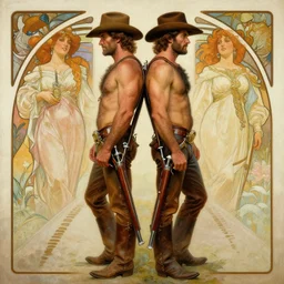 a symmetrical painting by clyde aspevig, greg rutkowski, alphonse mucha, j. c. leyendecker, tom of finland of attractive hairy gunslinger and handsome cowboy, they are in love standing back to back | bandoliers, shirtless, leather clothing | natural lighting, path traced, highly detailed, high quality, trending on artstation