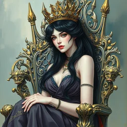 painting of a beautiful black haired woman with pale skin and a crown on her head sitted on an intricate metal throne, illustration, artistic, colorful, hyper detailed, in the style of greg rutkowski,