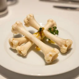 a professional food photo of plastic bones served in a plate in the fine restaurant, iphone 4 k, professional photo, very detailed