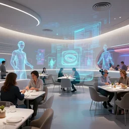 futuristic meta augmented reality restaurant interior full of hologram persons by syd mead, george tooker, herbert bayer, - w 1 0 2 4