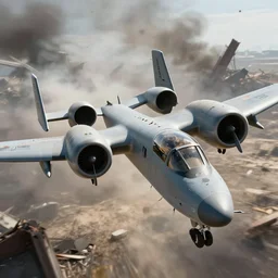 United States military personnel, a-10 warthog flying close to the camera, war-torn environment, digital art, 8k, trending on art station