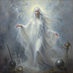 portrait oil painting, an ethereal smoke wraith, ultra realistic, wide angle, intricate details, artifacts, luminous skies, highly detailed, michael cheval, peter mohrbacher, boris vallejo, jessica rossier, oil painting, highly detailed, cinematic lighting