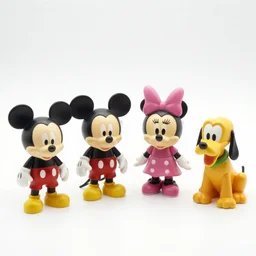 product photograph of cute vintage disney figurines by isabel han : 4 cute, chibi, popular, collectible, toys figures, mickey mouse, miney mouse, pluto, kawaii, toys, white background : 3