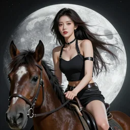 A hyper real comic book style portait painting of a close up of Annita, the singer, riding a horse on the moon, her face is clearly visible, unreal 5, hyperrealistic, octane render, cosplay, RPG portrait, dynamic lighting