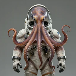 Octopus wearing a spacesuit, centered, portrait by Greg Hildebrandt, studio lighting, muted colors, by Terry Richardson, by Leonardo DaVinci, ultrarelistic, extreme detail, caustics, trending on Artstation, 8K, octane renderer