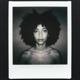 polaroid picture, beautiful light - skinned woman, symmetrical face, curly hair, afro, full shot, artistic, black and white, eerie, francesca woodman style