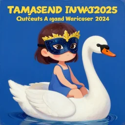 small cute girl with big eyes wearing a masquerade mask sitting on swan, anime painting, matte colors, harmonic colors, award - winning painting