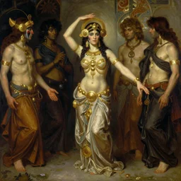 hyper realistic painting of tribal fusion bellydance, gold ornaments, flowing fabric, intrincate detail, detwil faces by wayne barlowe, gustav moreau, goward, gaston bussiere and roberto ferri, santiago caruso, and austin osman spare, ( ( ( ( occult art ) ) ) ) bouguereau, alphonse mucha, saturno butto