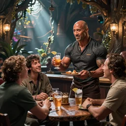 dwayne johnson playing a waiter, serving drinks at a fantasy tavern and chatting to customers, high detail, fantasy art by wlop and mobius