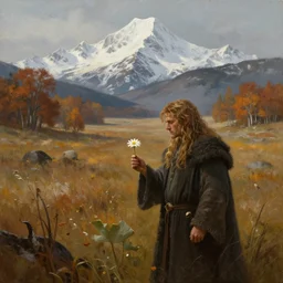 concept art, mood painting, environment painting, gondor man holding white flower looking at flower large field autumn october snow capped mountains in background lord of the rings lotr. style of, ryan church, jon mccoy, george hull, painting