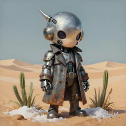 a chibi cybernetic mutant wearing a long trenchcoat, surrounded by salt dunes, matte oil painting, game paper doll, retrofuturistic, science fantasy, plants, rust, chrome, lgbt, queer, rpg, epic, dungeons & dragons, sacred, sharp focus, award - winning, extremely detailed, 4 k, 8 k