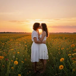 a lovers kissing each other at the flower field, white dress, perspective, by rob gonsalves, sunset, colourfull photo.
