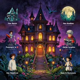 haunted mansion, grainy texture!!!!!, infographic with illustrations!!!, glowing lights, epic fantasy, colorfully, digital art, highly saturated colors, concept art, detailed illustration, hd, 4 k, digital art, greg rutkowski, dan mumford, studio ghibli trending on artstation