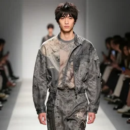 male fashion model wearing clotes designed by chisato tsumori, catwalk, soft ambient lighting, photorealism, unreal engine