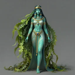 beautiful sorceress female, full body shot, long hair made of kelp, egyptian clothing, turquoise skin, d & d, fantasy, intricate, elegant, highly detailed, digital painting, artstation, concept art, matte, sharp focus, illustration, hearthstone, art by artgerm and greg rutkowski and alphonse mucha