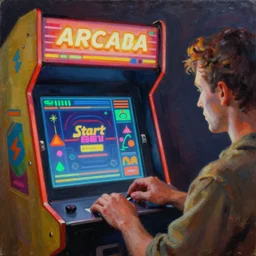 arcade start screen. retro technology, 9 0 s colors and shapes, wayne barlow, oil on canvas, deep depth of field, masterpiece, cinematic composition, hyperdetailed